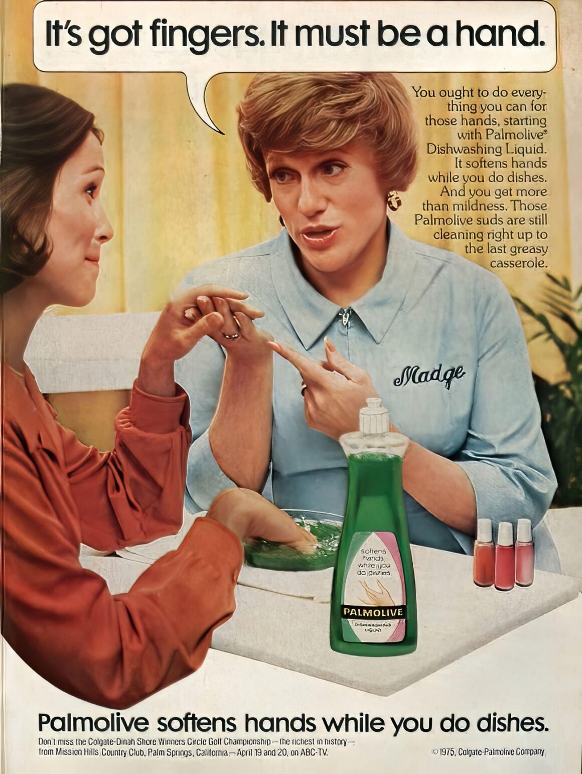 Vintage 1970 Palmolive ad showing dish soap for cleaning that is gentle on hands.