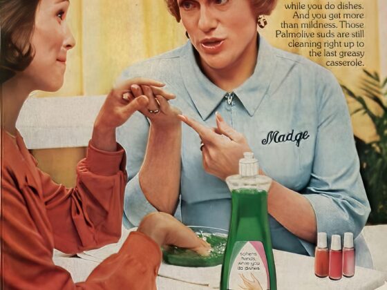 Vintage 1970 Palmolive ad showing dish soap for cleaning that is gentle on hands.