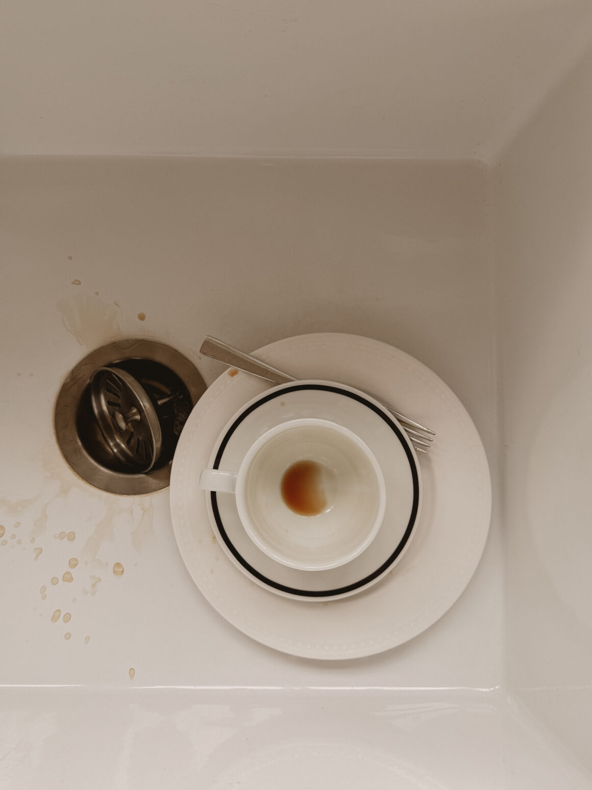 A single used cup and plate in a white kitchen sink, seen from above