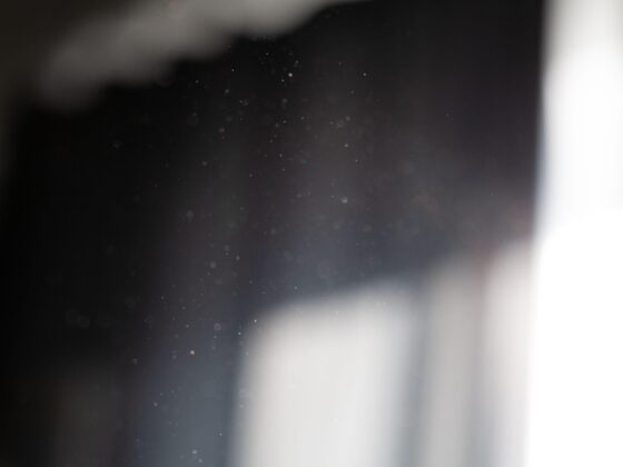 Fine dust particles suspended in a beam of sunlight coming through a window in a dim room.