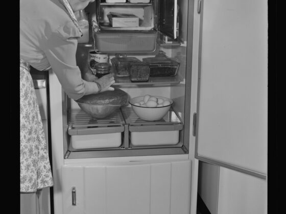 A white-haired woman in an apron leans into an open vintage refrigerator stocked with glass dishes, jars, a bottle of milk, a box of frozen peas, and a bowl of eggs.
