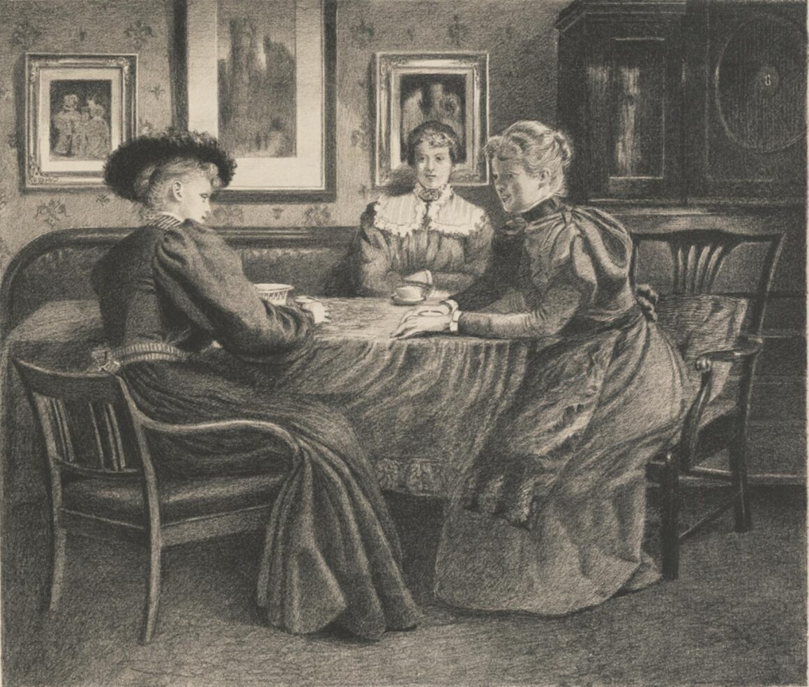 Charcoal drawing of three women in hats seated at a tea table in a formal nineteenth-century sitting room.