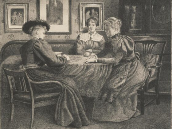 Charcoal drawing of three women in hats seated at a tea table in a formal nineteenth-century sitting room.