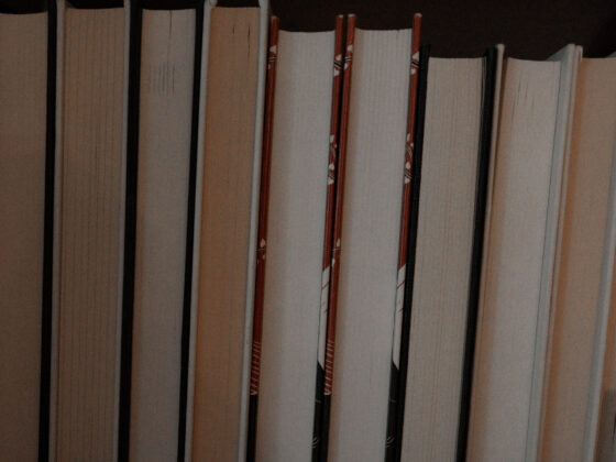 A row of books on a shelf turned backwards, with the page edges facing out
