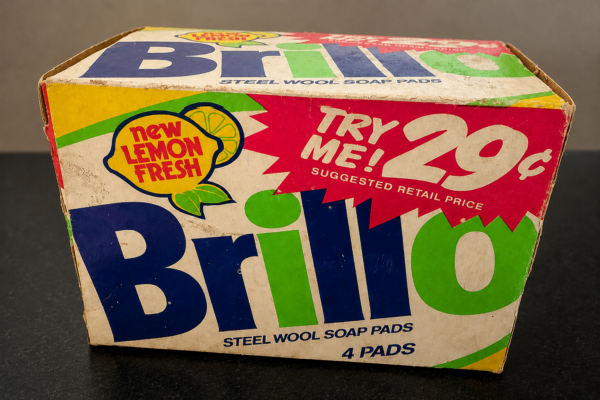 A vintage Brillo box advertising a new lemon scent