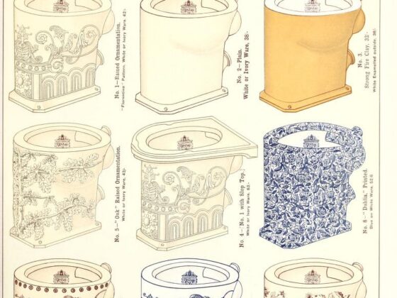 An 1894 catalogue page showing Twyford Unitas toilets in plain, ornamented and printed finishes