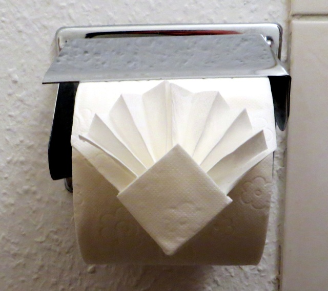 Toilet paper fold shaped into an elaborate pleated fan on a chrome holder