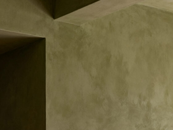 Olive green walls meeting at a corner in an empty room