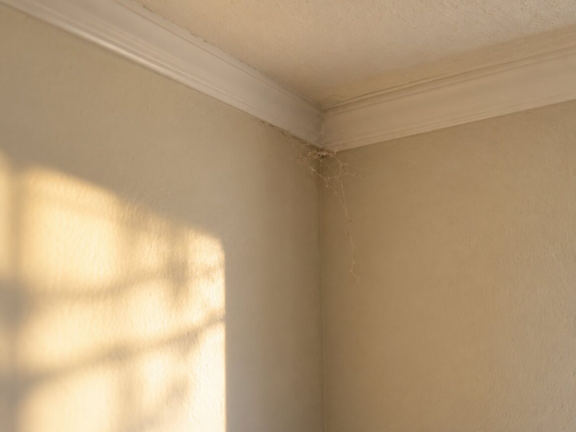 Dusty cobwebs in the corner of a living room ceiling, caught in the afternoon light.